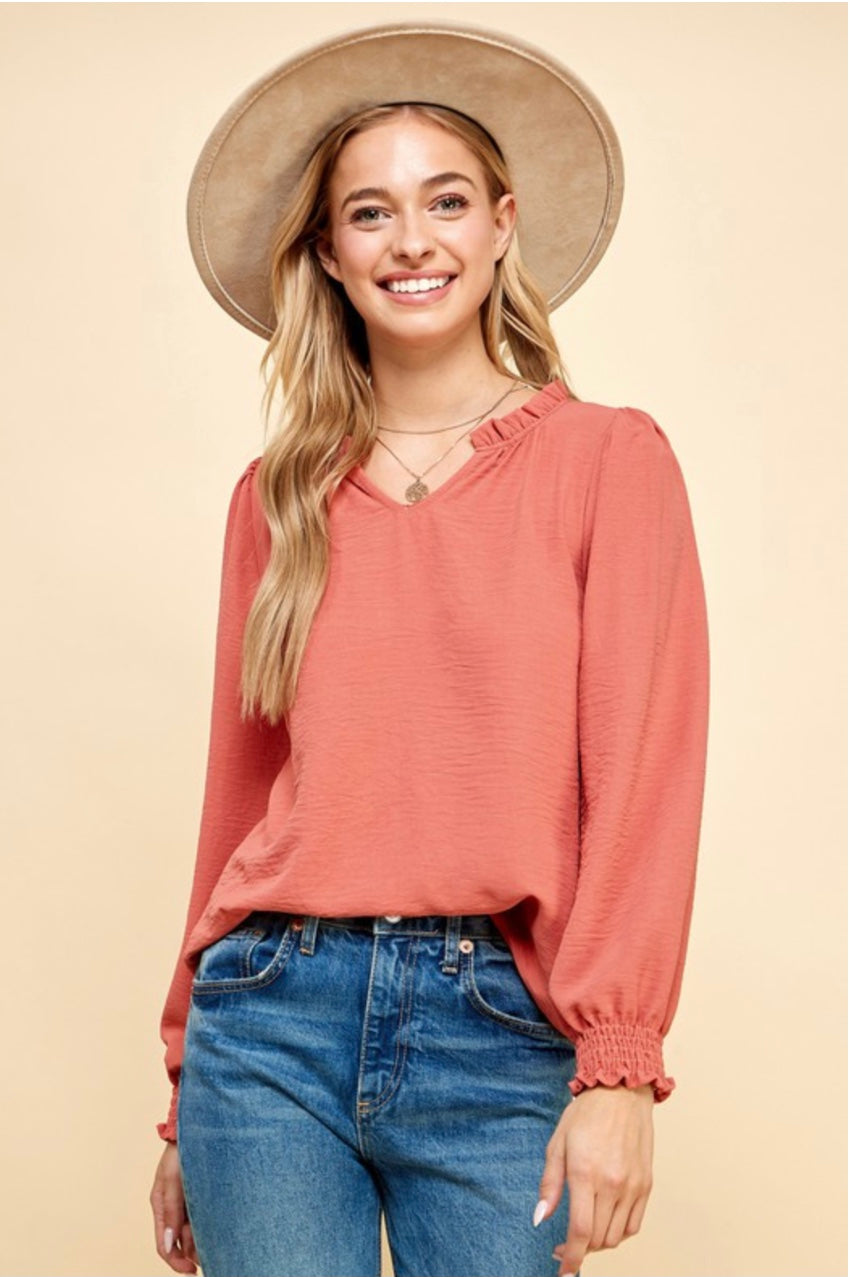 LONG SLEEVE TOP WITH RUFFLED V-NECK DETAIL